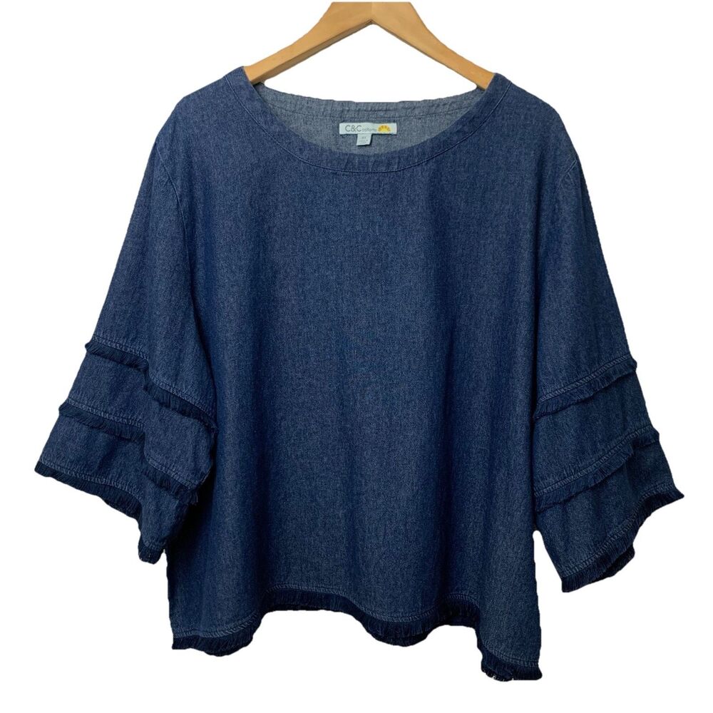 C&C California Women's Denim Top 3X Blue Tiered Sleeves Fringe Lagenlook Boho